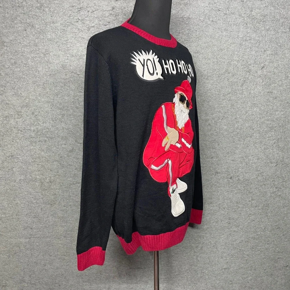 Ugly Christmas Sweater Mens XL Black Hip Hop Santa Yo Ho Ho Ho Holiday B-Boy